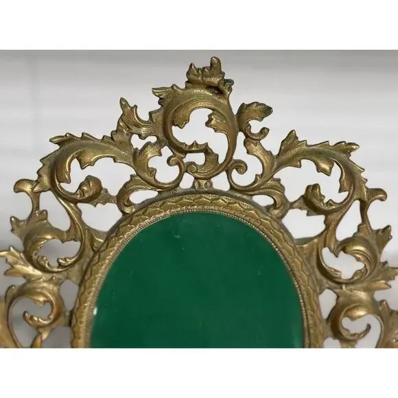 Antique Victorian Heavy Brass Art Nouveau Oval Self Standing Glass Mirror